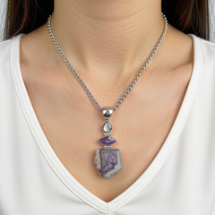 Black Pearl, Amethyst & Freeform Amethyst Cabochon Pendant