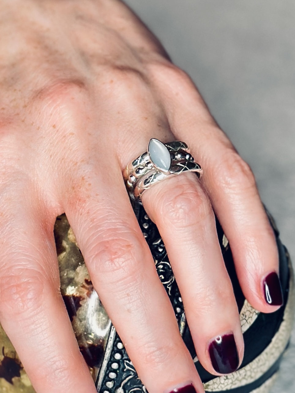 White Opalized Drusy Ring with Beaded Band image 2