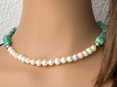 16" Freshwater Pearl, Campitos Turquoise & Sterling Necklace image 1