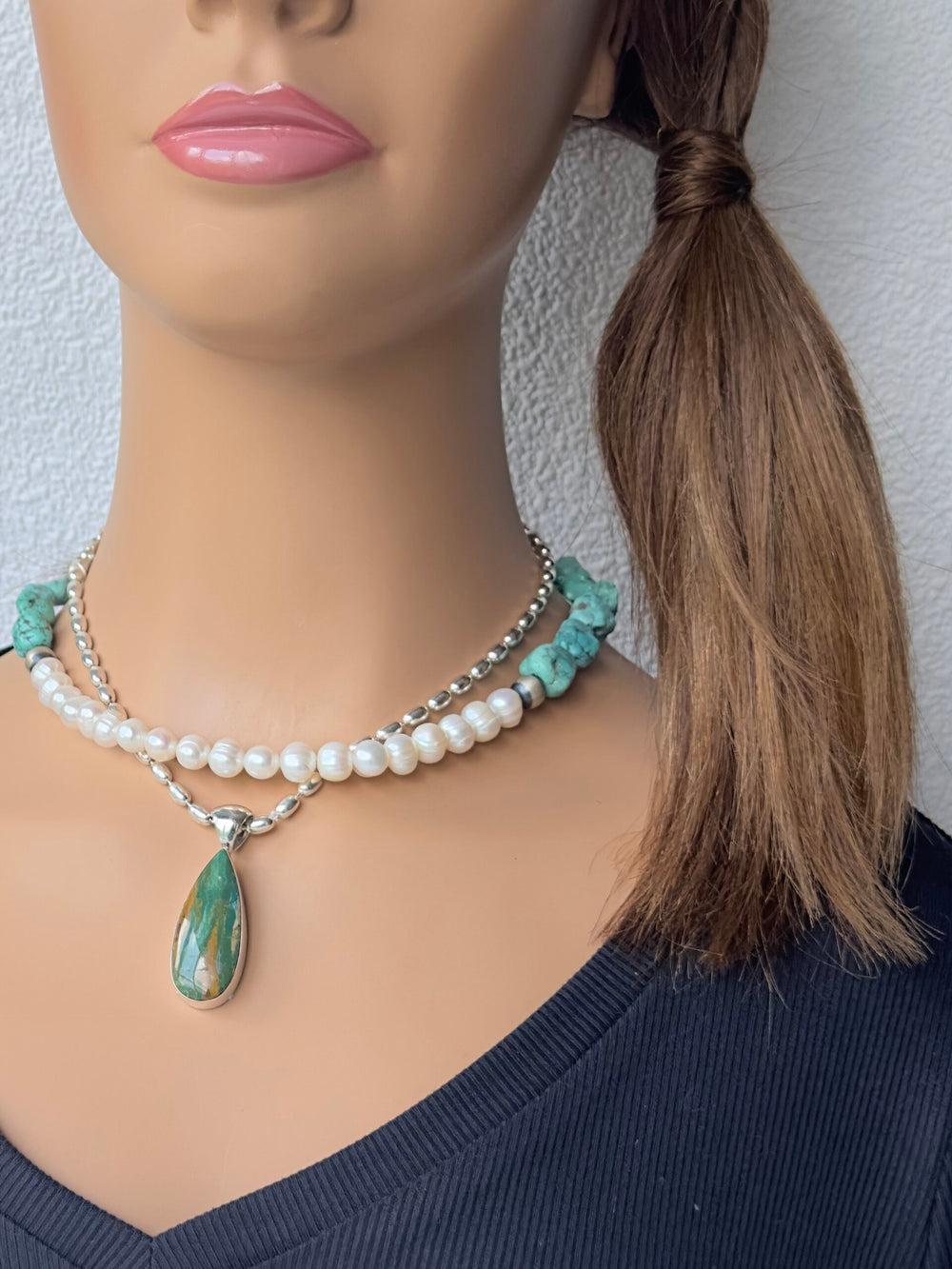 16" Freshwater Pearl, Campitos Turquoise & Sterling Necklace image 2