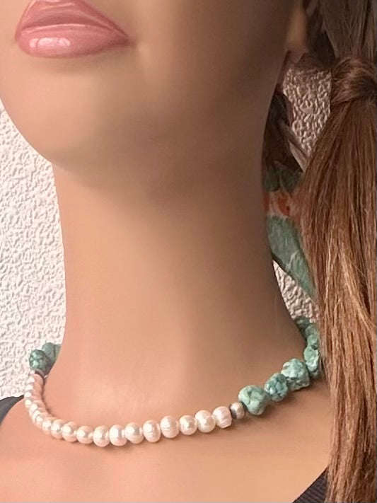 16" Freshwater Pearl, Campitos Turquoise & Sterling Necklace image 0