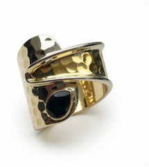 Adjustable Sterling Silver and Brass Ring with Jet Stone