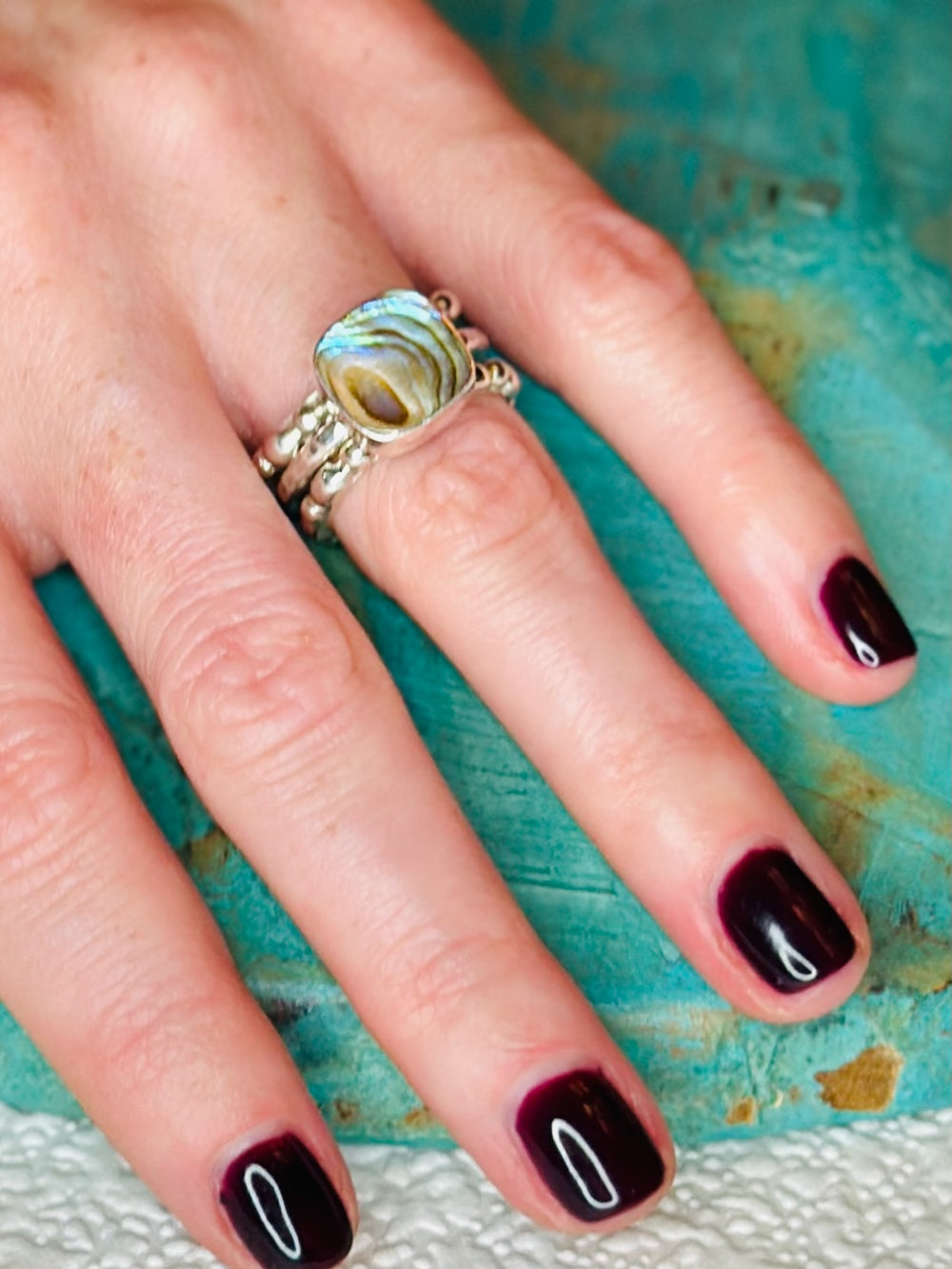 White Opalized Drusy Ring with Beaded Band image 3