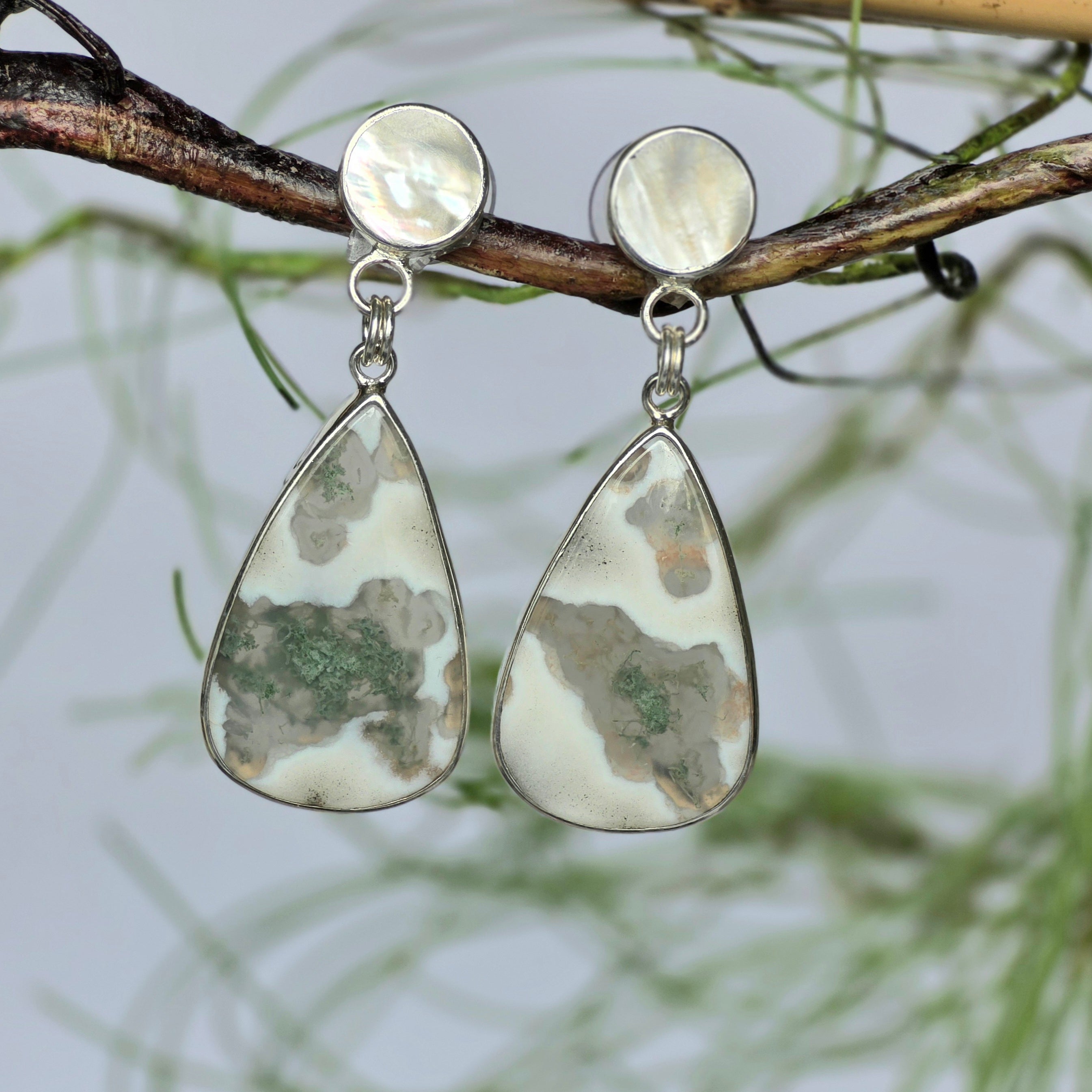 Mother of Pearl and Moss Agate Post Earrings