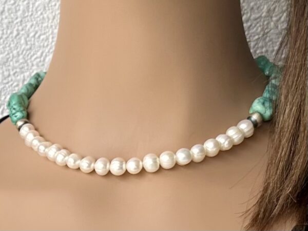 16" Freshwater Pearl, Campitos Turquoise & Sterling Necklace - Image 2