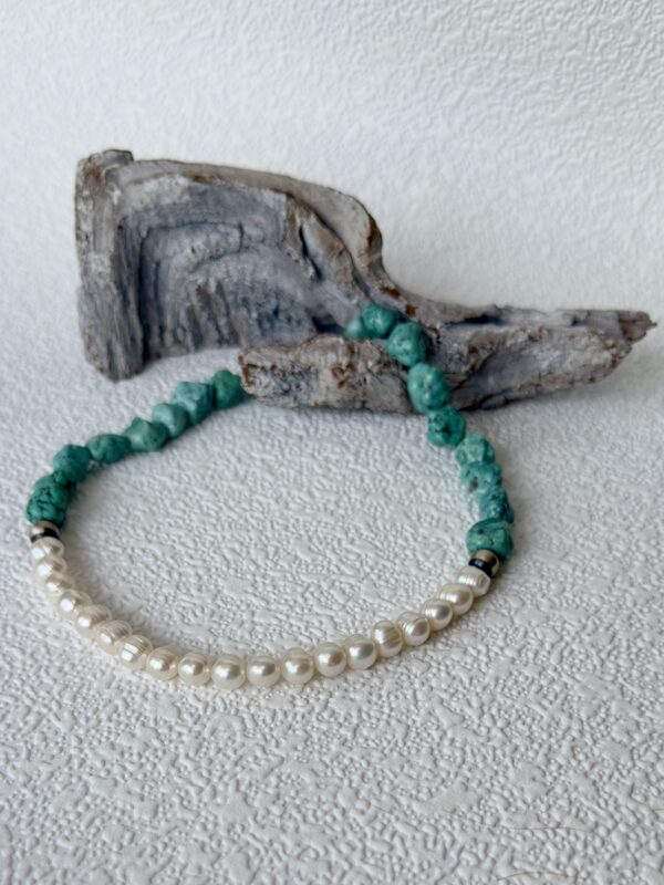 16" Freshwater Pearl, Campitos Turquoise & Sterling Necklace - Image 4